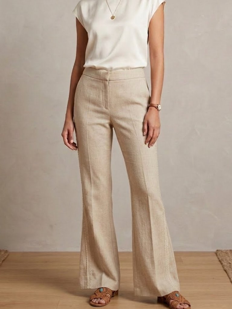 H&M Pants Beige Woven Flare Wide Leg Trousers Size 14